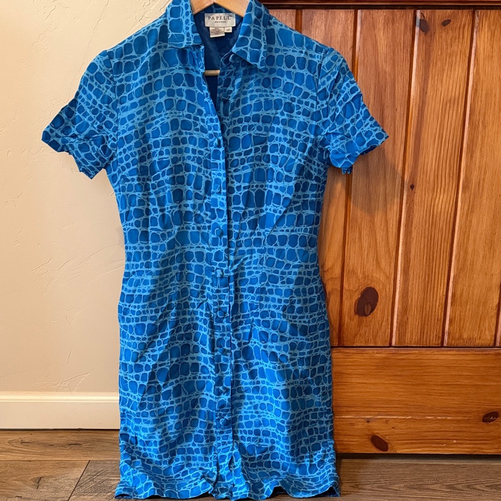 Vintage Papell Boutique 100% Silk Dress Blue Crocodile Print 4P Petite 90s